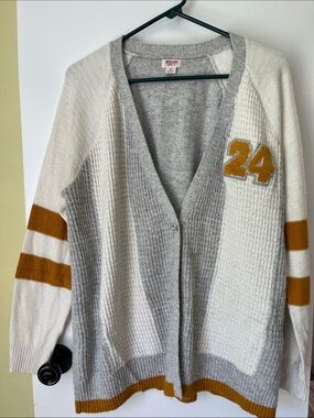 Mossimo Varsity Cardigan Sweater in Gray & Cream with Mustard Accents